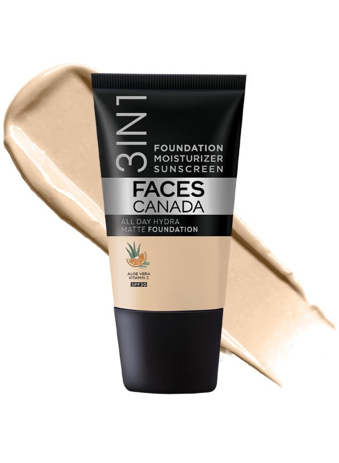 Facescanada FACES CANADA All Day Hydra Matte Foundation - Mini | 3in1 Foundation + Moisturizer + SPF 30 | 24 HR Aloe Hydration & Vitamin C | 10HR Wear | Medium to High Buildable Coverage | Absolute Ivory (18 ml) - Image 1
