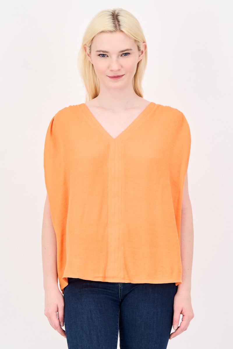 promod Women V-Neck Plain Cap Sleeve Top, Orange - Image 1
