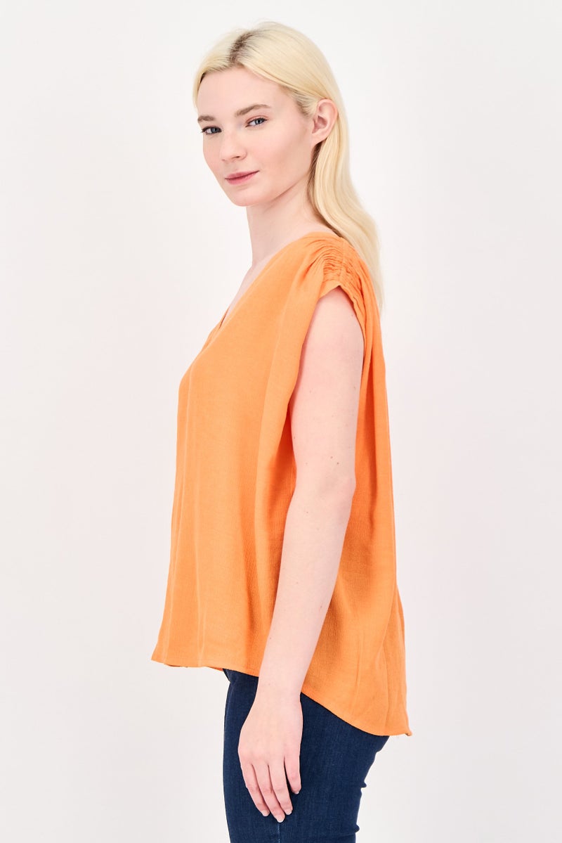 promod Women V-Neck Plain Cap Sleeve Top, Orange - Image 3