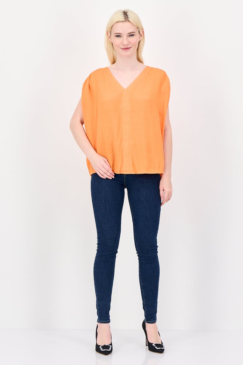 promod Women V-Neck Plain Cap Sleeve Top, Orange - Image 2