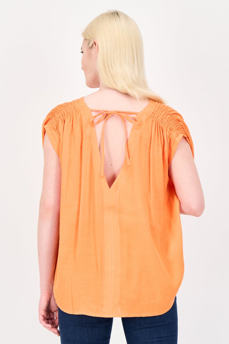 promod Women V-Neck Plain Cap Sleeve Top, Orange - Image 4