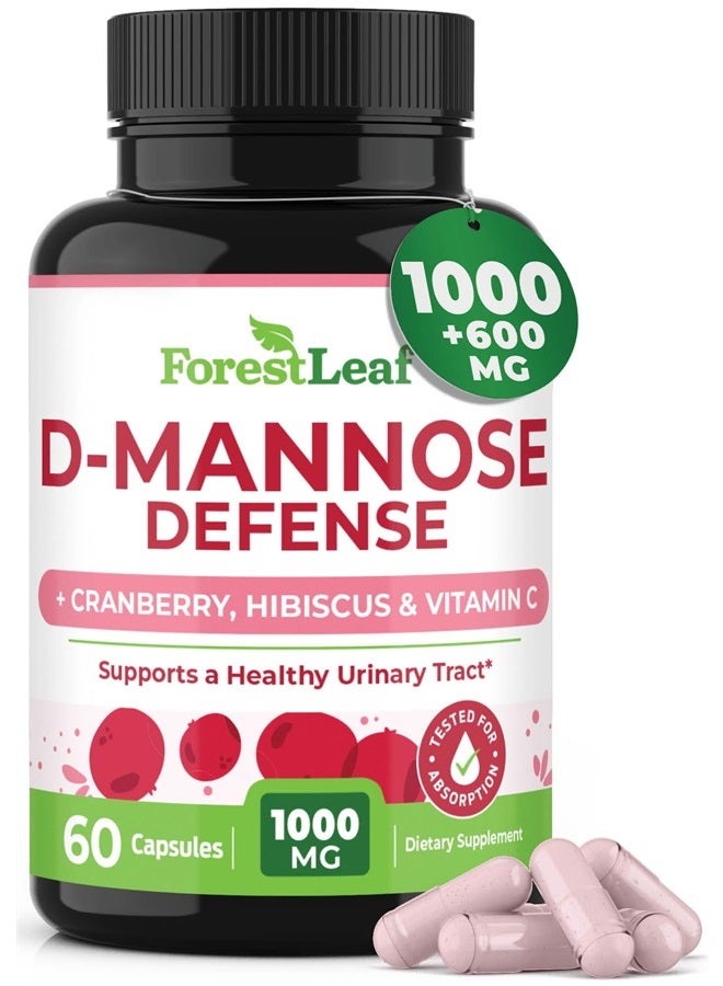 ForestLeaf D Mannose 1000mg Capsules - D-Mannose with Cranberry, Hibiscus & VIT C, Urinary Tract Health for Women and Men, Organic DMannose Pills for UTI, Urinary Health & Bladder Support 60 Capsules - Image 1