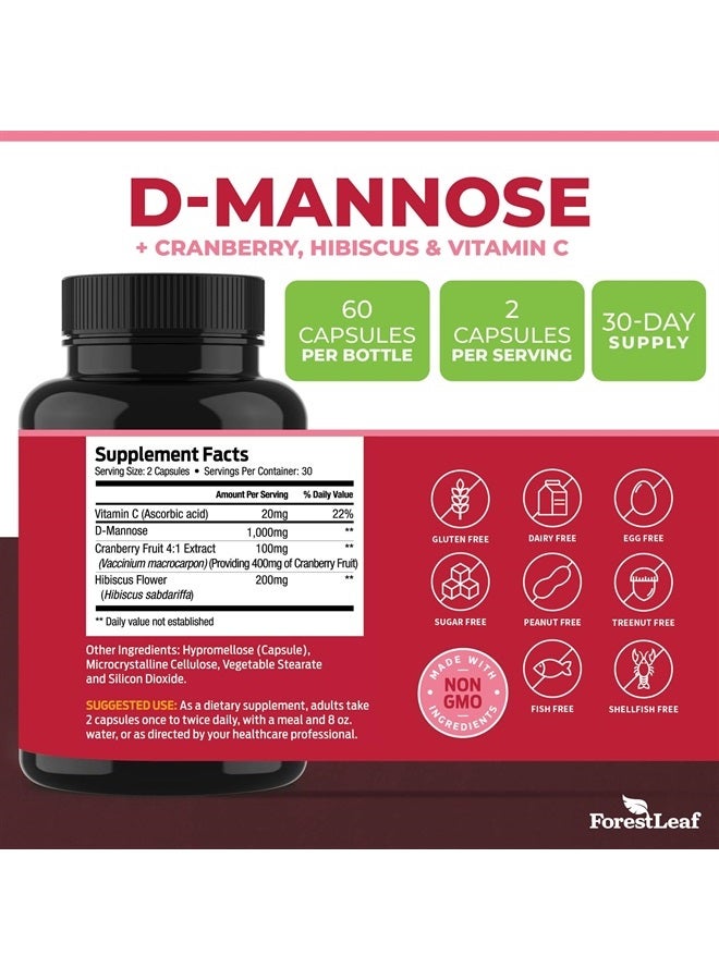ForestLeaf D Mannose 1000mg Capsules - D-Mannose with Cranberry, Hibiscus & VIT C, Urinary Tract Health for Women and Men, Organic DMannose Pills for UTI, Urinary Health & Bladder Support 60 Capsules - Image 4