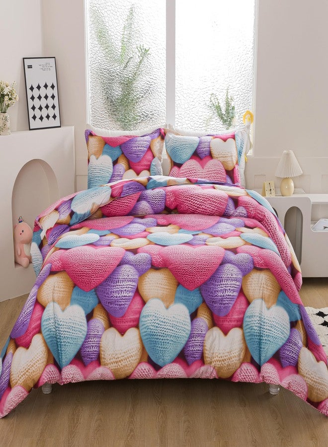 Caressma Heart Print Comforter Set Twin, Stereoscopic 5D Lovely Romantic Comforter Sets for Teens Girls and Boys, Colorful Cute Heart Pattern Bedding Comforter Set for All Seasons with Pillowshams - Image 1