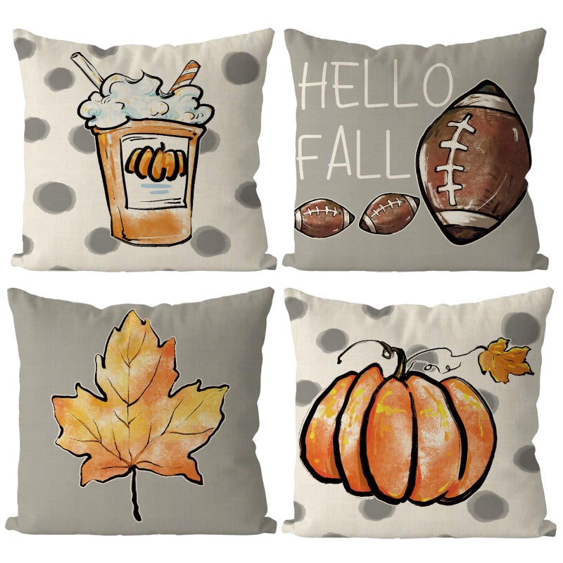 GAGEC Fall Pillow Covers 18x18 Inch Set of 4 Fall Football Pumpkin Maple Leaf Throw Pillowcase Holiday Home Decor Sofa Bedroom Cushion Case Outdoor Indoor Decorations