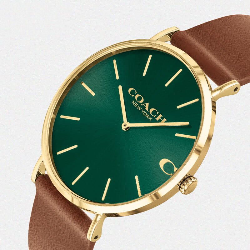 COACH Charles Green Dial Brown Leather Strap Men's Watch - 14602435 - Image 3