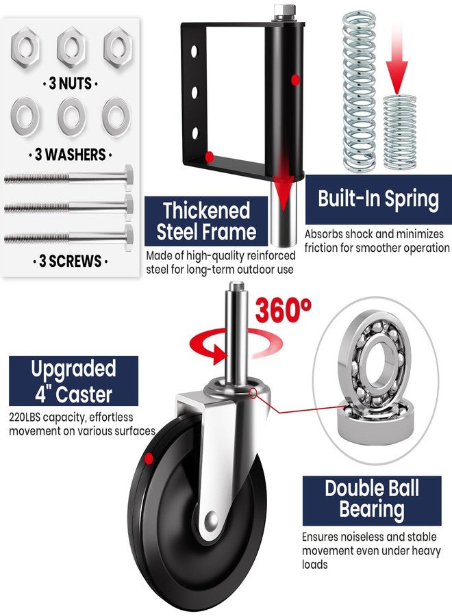 Ronlap عجلات رونلاب للبوابات الخشبية، عجلات دوارة بنابض للبوابات المعدنية المتأرجحة، عجلات بوابات شديدة التحمل للاستخدام الخارجي في المزارع، بكرات بوابات من الفينيل والخشب، 220 رطلاً، 4 بوصات، أسود - Image 3