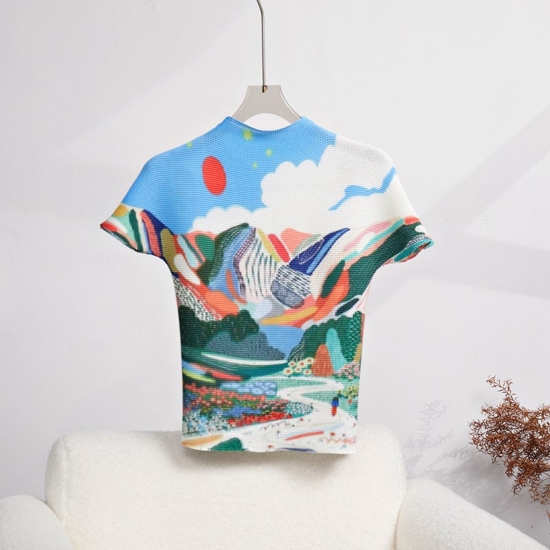 Shenzhen Nanyou High-End Short-Sleeved T-Shirt Women'S Printed Pleated Top Thin T-Shirt Women'S Instagram Fashion - Image 1