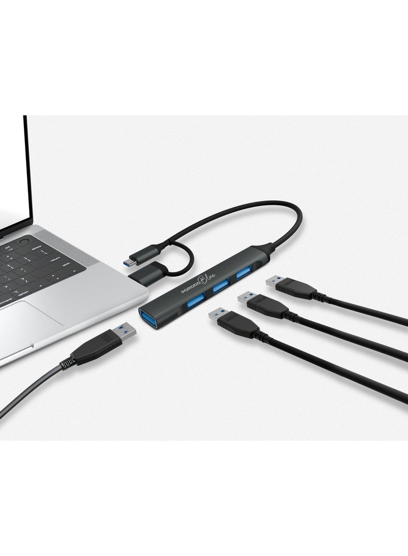 بورودو موزع USB متعدد المنافذ 4 في 1، رؤوس USB-A وUSB-C قابلة للتبديل / دعم أجهزة متعددة / نقل بيانات فائق السرعة / هيكل من سبائك الألومنيوم / توصيل وتشغيل - أسود - Image 2