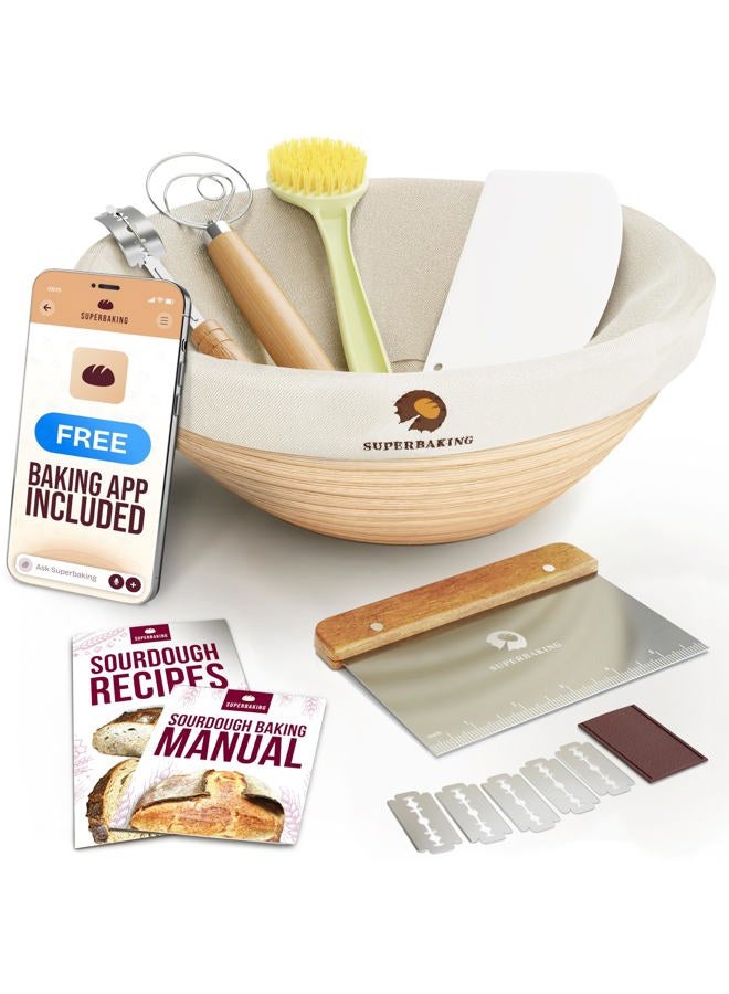 Superbaking Banneton Proofing Basket Set, Round 9" Sourdough Basket for Bread Making Tools, Artisan Baking Supplies Kit, Gifts for Bakers - Image 1