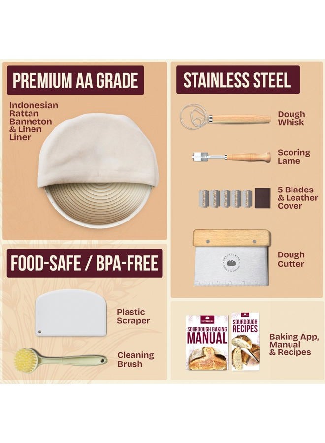 Superbaking Banneton Proofing Basket Set, Round 9" Sourdough Basket for Bread Making Tools, Artisan Baking Supplies Kit, Gifts for Bakers - Image 2