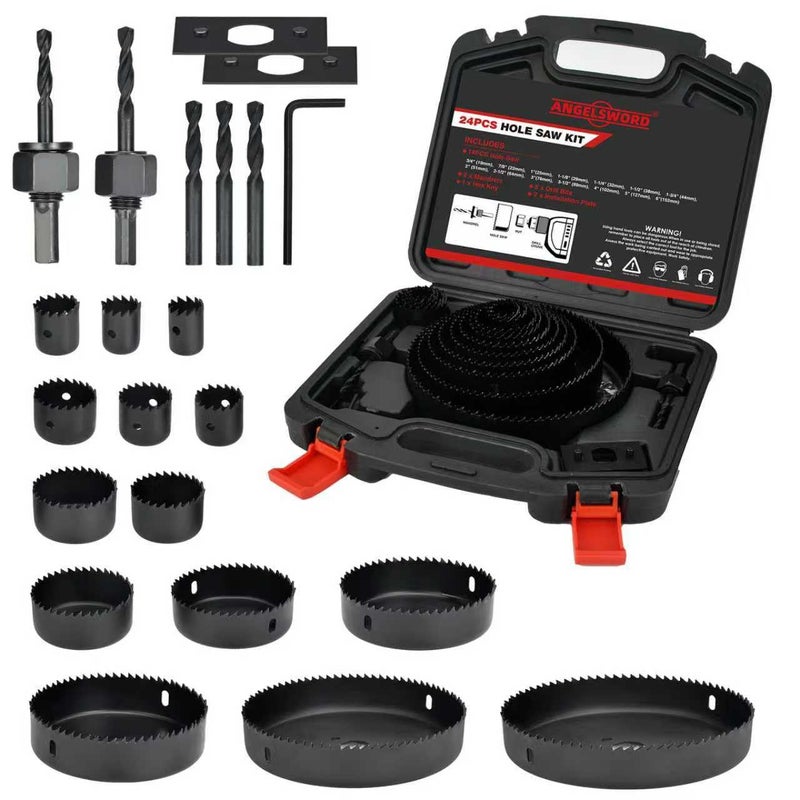 ANGELSWORD Hole Saw Set 24 PCS Hole Saw Kit, Hole Saw Drill Bit Kit, 3/4"-6" (19-152mm) 14 PCS Saw Blades, for Drywall, Soft Wood, Plywood, Plastic, PVC - Image 1