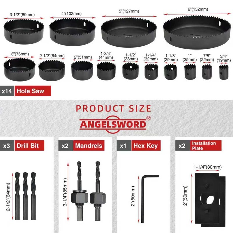 ANGELSWORD Hole Saw Set 24 PCS Hole Saw Kit, Hole Saw Drill Bit Kit, 3/4"-6" (19-152mm) 14 PCS Saw Blades, for Drywall, Soft Wood, Plywood, Plastic, PVC - Image 2
