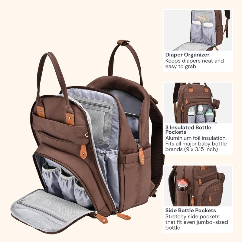 BabbleRoo حقيبة ظهر بابلرو Diaper Bag - حقيبة سفر أساسية للأطفال - حقيبة حفاضات متعددة الوظائف مقاومة للماء، حقيبة سفر أساسية للأطفال مع وسادة تغيير، أحزمة عربة الأطفال وحافظة مصاصة - للجنسين، بني - Image 4