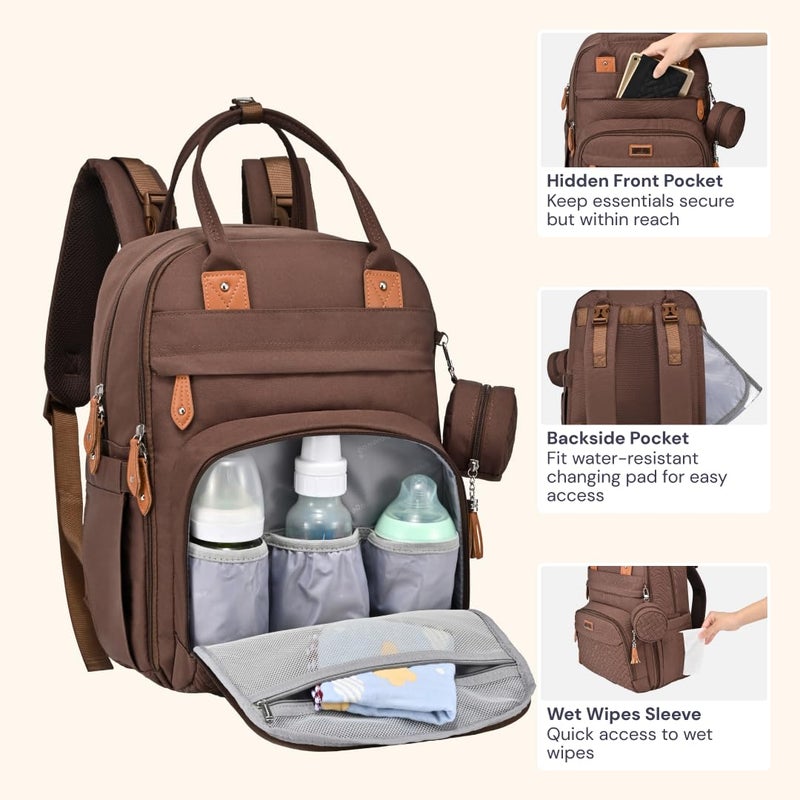 BabbleRoo حقيبة ظهر بابلرو Diaper Bag - حقيبة سفر أساسية للأطفال - حقيبة حفاضات متعددة الوظائف مقاومة للماء، حقيبة سفر أساسية للأطفال مع وسادة تغيير، أحزمة عربة الأطفال وحافظة مصاصة - للجنسين، بني - Image 5