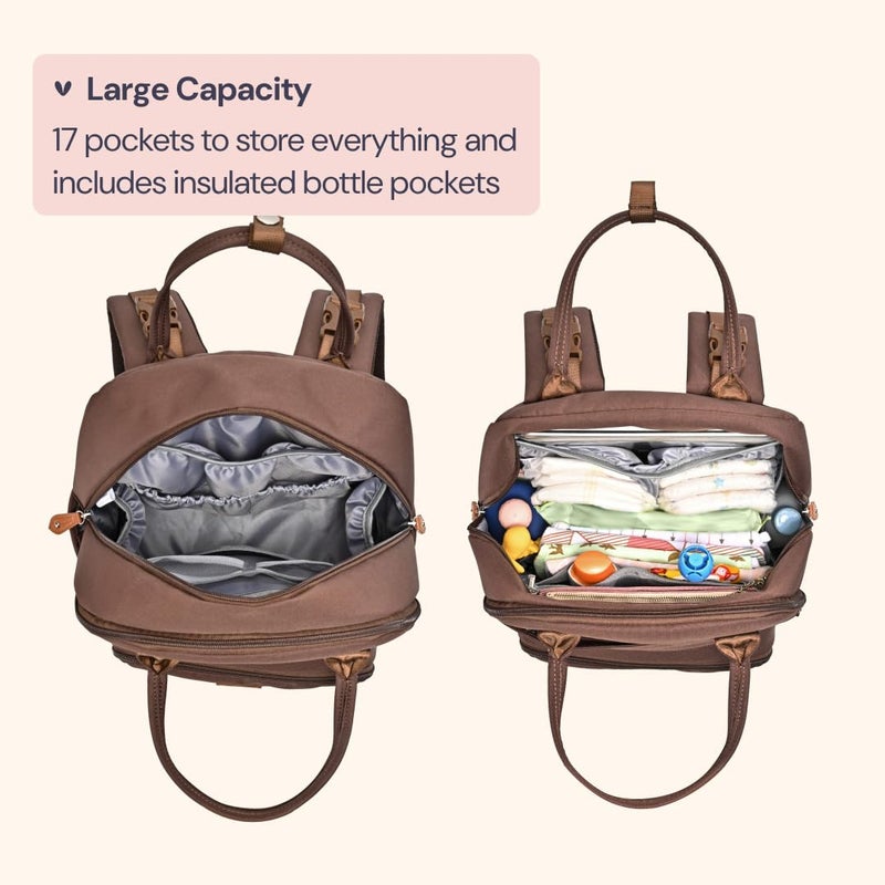 BabbleRoo حقيبة ظهر بابلرو Diaper Bag - حقيبة سفر أساسية للأطفال - حقيبة حفاضات متعددة الوظائف مقاومة للماء، حقيبة سفر أساسية للأطفال مع وسادة تغيير، أحزمة عربة الأطفال وحافظة مصاصة - للجنسين، بني - Image 3