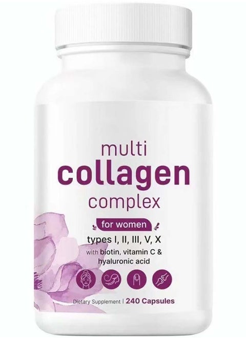 Multi Collagen Complex, 240 Capsules | Type I, II, III, V, X With Hyaluronic Acid, Biotin, Vitamin C | Hydrolyzed Protein Peptides