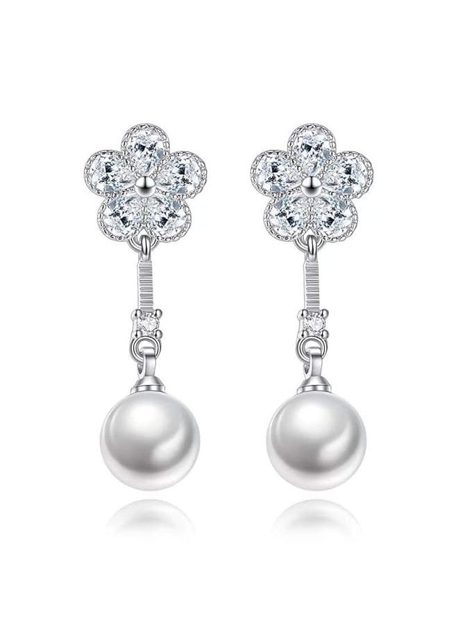 Shining Diva Fashion White Crystal Pearl Stylish Silver Plated Dangler Earrings For Women And Girls 10716Er 