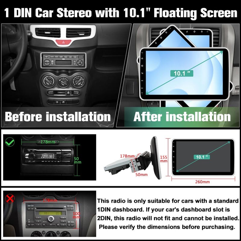 Pyniro Android 13 4-Core 2GB+64GB Single Din Car Stereo, 10.1 Inch Floating Touchscreen Car Radio with Wireless CarPlay & Android Auto/Mirror Link/Wi-Fi/FM/USB, Support SWC/Backup Camera (Included) - Image 2