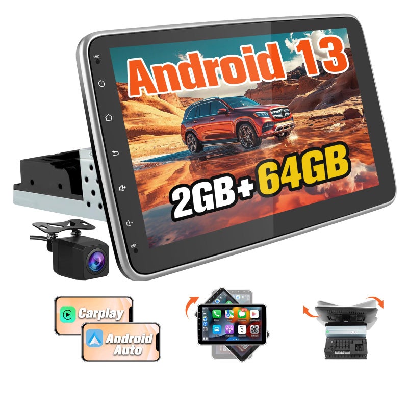 Pyniro Android 13 4-Core 2GB+64GB Single Din Car Stereo, 10.1 Inch Floating Touchscreen Car Radio with Wireless CarPlay & Android Auto/Mirror Link/Wi-Fi/FM/USB, Support SWC/Backup Camera (Included) - Image 1