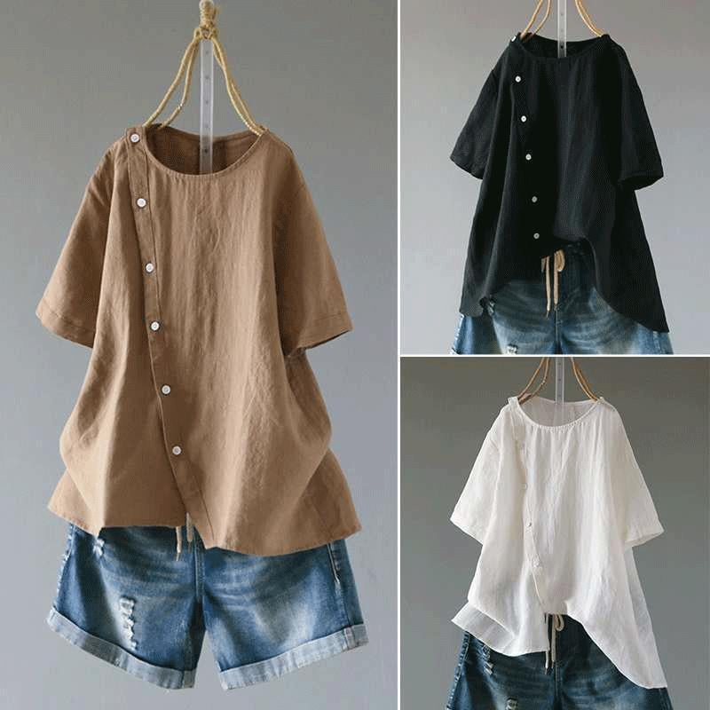Women's Short Sleeve Round Neck Cotton Shirt - Image 1