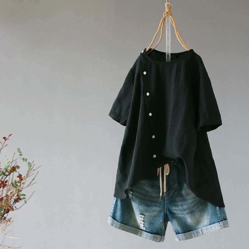 Women's Short Sleeve Round Neck Cotton Shirt - Image 4