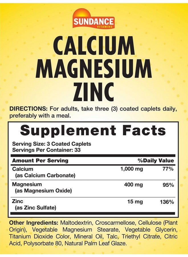 Sundance Calcium Magnesium Zinc | 100 Caplets | Essential Mineral Supplement | Vegetarian, Non-GMO, and Gluten Free Formula - Image 2