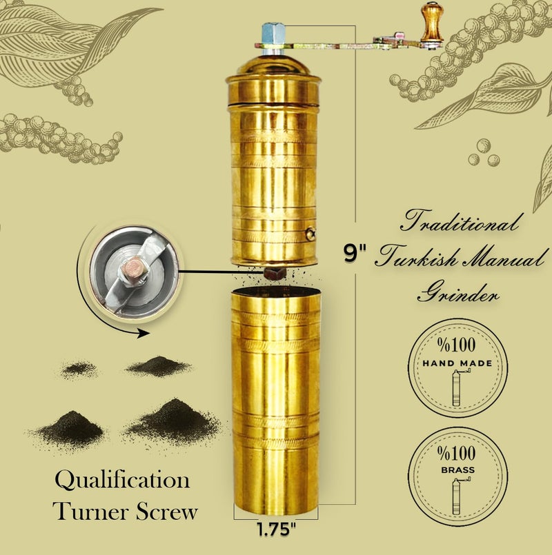 THE VIOLET Handmade Brass 9 Inch Manual Coffee Grinder Large Pepper Mill With Handle Proper For Fresh Coffee Bean Peppercorn Grinder Brass Handle Crank With Giant Fine Refillable Grind For Flavor Turkish Style - Image 3