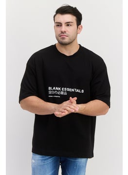 Men Round Neck Short Sleeve Brand Logo T-Shirt, Black