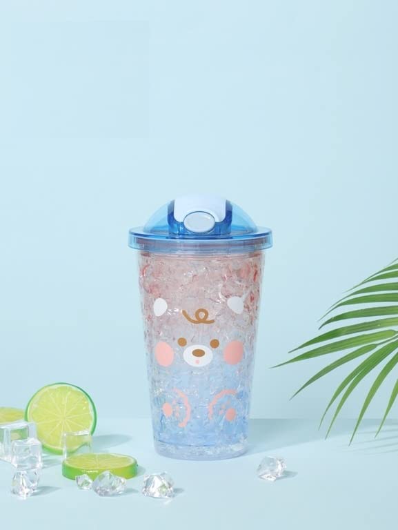 TEMSON Double Wall Cartoon Printed Sipper with Straw,Jelly Freezer Water Sipper for Kids, Acrylic Sipper Bottle with Straw - 450 ML (BB 9012)(Assorted Colour) - Image 2