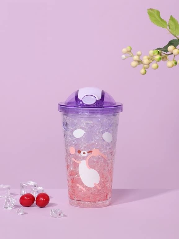 TEMSON Double Wall Cartoon Printed Sipper with Straw,Jelly Freezer Water Sipper for Kids, Acrylic Sipper Bottle with Straw - 450 ML (BB 9012)(Assorted Colour) - Image 1