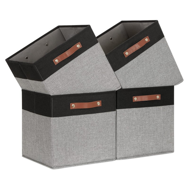 Temary 13 x 13 Storage Cubes Foldable Storage Cubes 4 Pack Canvas Storage Bin for Home Square Storage Baskets with Leather Handles BlackGrey