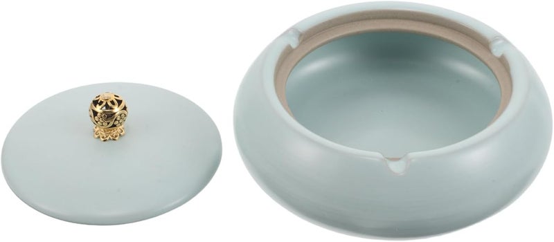 Ceramic Ashtray with Lid Covered Outdoor Cigarette Butt Container Windproof Smoker’s Patio and Home Décor in Celadon Blue - Image 1