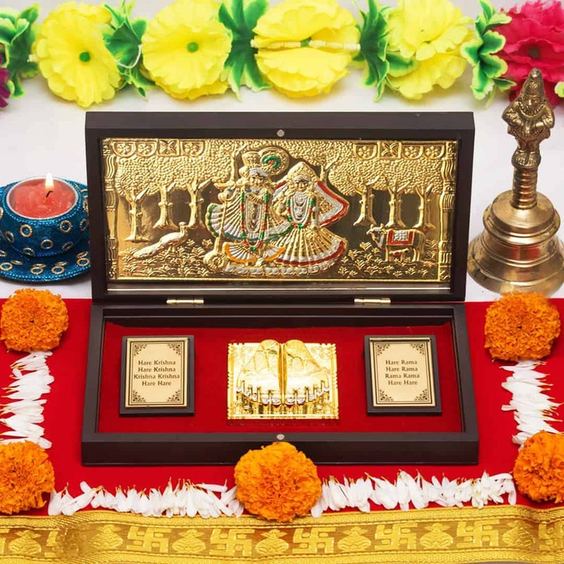 INTERNATIONAL GIFT® Gold Coated Radha Krishna God Idol with Charan Paduka | Devotional Prayer Box (13h X 21w X 11.5l Centimeters) Gifting | Pooja Mandir | Home Dcor - Image 5