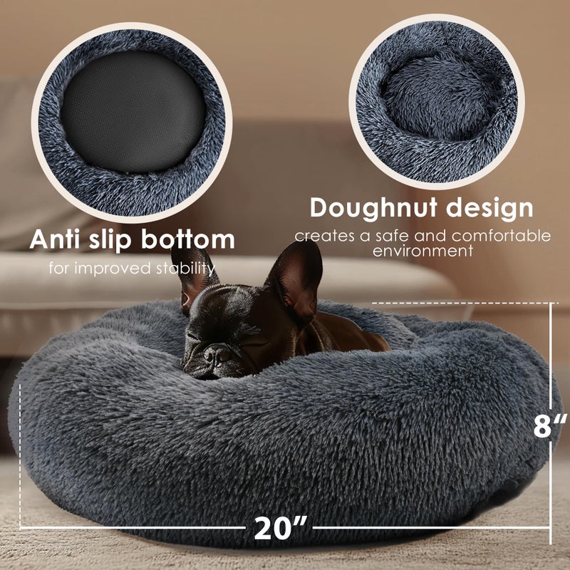 Hoewina Dog & Cat Bed, 20in Cat Beds for Indoor Cats, Calming Donut Bed for Puppy and Kitten, Washable Round Fluffy Pet Bed for Small Medium Dogs and Cats (Dark Grey) - Image 3