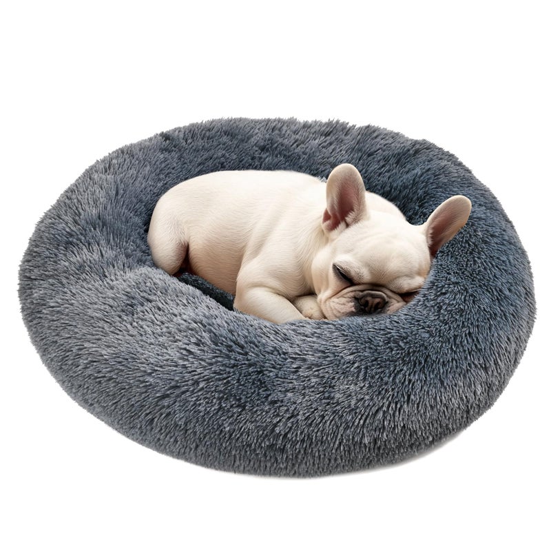 Hoewina Dog & Cat Bed, 20in Cat Beds for Indoor Cats, Calming Donut Bed for Puppy and Kitten, Washable Round Fluffy Pet Bed for Small Medium Dogs and Cats (Dark Grey) - Image 1