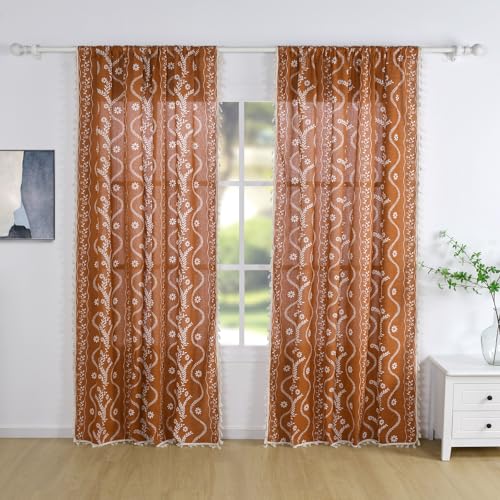 Schweek Rust Orange Boho Curtains 96 Inch Length Linen Curtains for Living Room 2 Panels, Vintage Farmhouse Printed Floral Rustic Curtain Drapes Terracotta - Image 2
