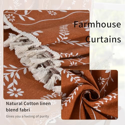 Schweek Rust Orange Boho Curtains 96 Inch Length Linen Curtains for Living Room 2 Panels, Vintage Farmhouse Printed Floral Rustic Curtain Drapes Terracotta - Image 5