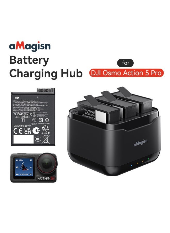 aMagisn DJI Osmo Action5 Pro Battery Charger – 3-Slot Fast Charging Dock with MicroSD Card Storage, Smart Power Management, Overheat & Overcurrent Protection – Action Camera Charging Station - Image 2