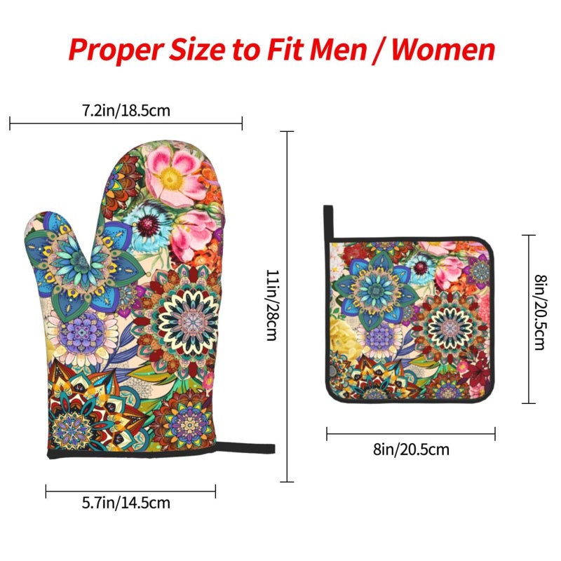 LANAIQO Boho Floral Oven Mitts and Pot Holders Sets, Heat Resistant Colorful Kitchen Gloves Hot Pads, Cute Baker Stuff, Chef Cooking Baking Gifts for Women Bakers, Kitchen Gifts for Cooking Lover Cooks Mom - Image 4
