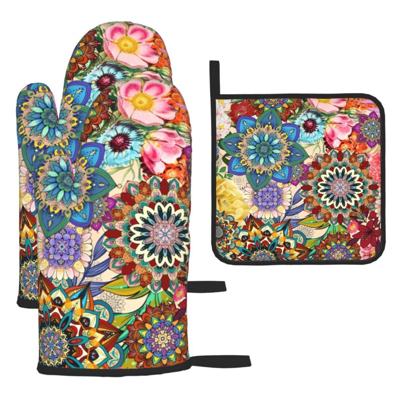 LANAIQO Boho Floral Oven Mitts and Pot Holders Sets, Heat Resistant Colorful Kitchen Gloves Hot Pads, Cute Baker Stuff, Chef Cooking Baking Gifts for Women Bakers, Kitchen Gifts for Cooking Lover Cooks Mom - Image 1