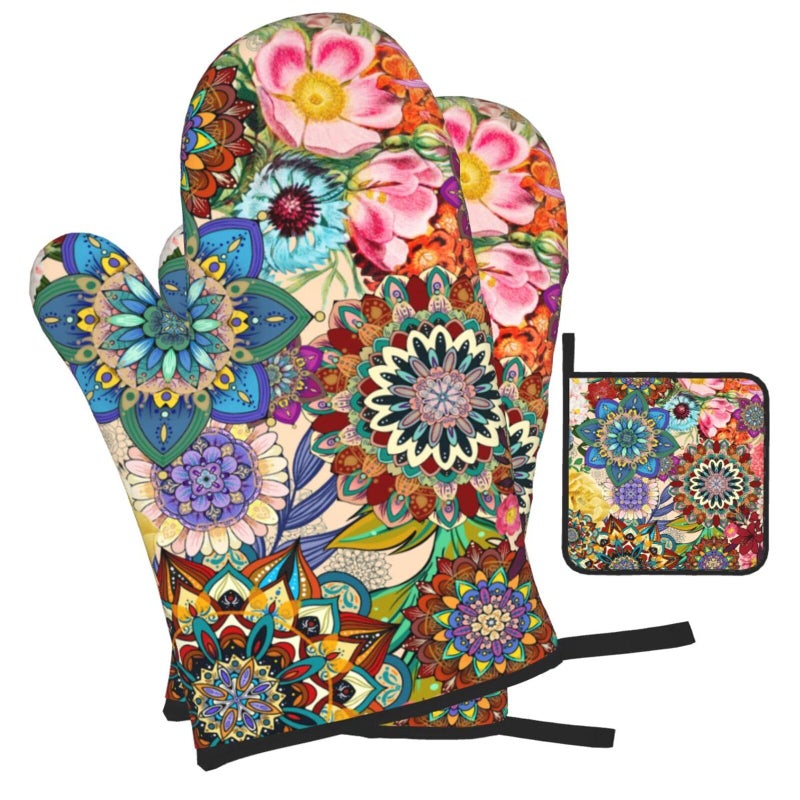 LANAIQO Boho Floral Oven Mitts and Pot Holders Sets, Heat Resistant Colorful Kitchen Gloves Hot Pads, Cute Baker Stuff, Chef Cooking Baking Gifts for Women Bakers, Kitchen Gifts for Cooking Lover Cooks Mom - Image 2