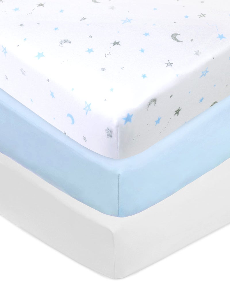 American Baby Company American Baby Company 3 Pack 100 Natural Cotton Fitted Crib Sheets 52 x 28 Soft Breathable Hypoallergenic Gentle Toddler Bed Sheets Blue StarsBlueWhite Neutral for Boys Girls 