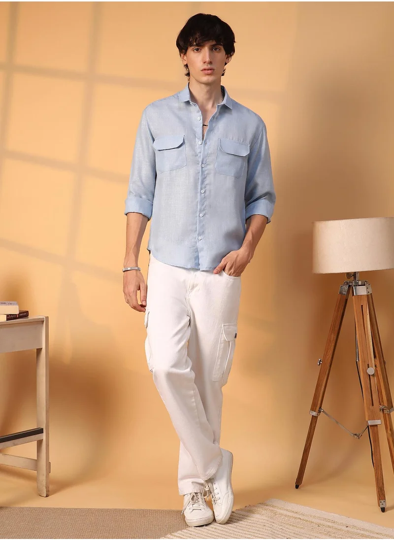 Campus Sutra Men's Powder Blue Solid Utility Shirt