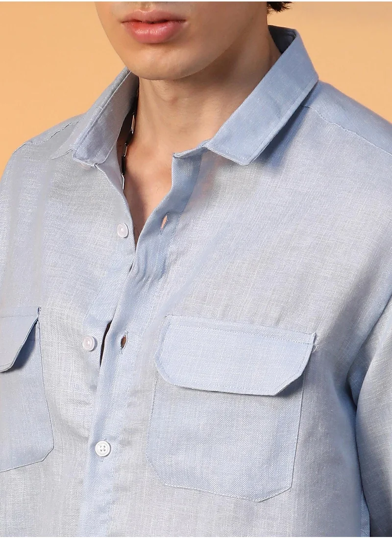 Campus Sutra Men's Powder Blue Solid Utility Shirt