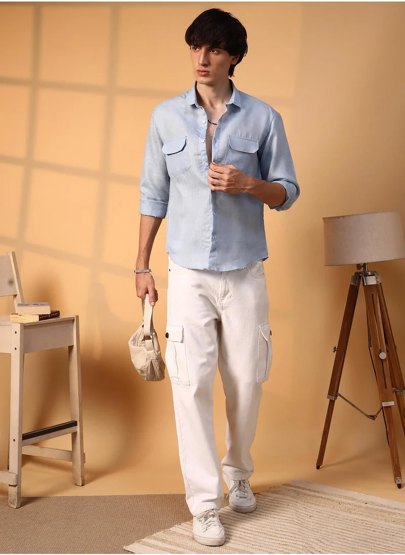 Campus Sutra Men's Powder Blue Solid Utility Shirt