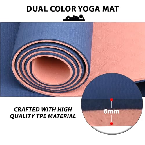 HACER Yoga Mat 6mm Thickness Unisex Dual Sided Non-Slip Anti-Tear TPE Exercise Mats for Pilates Stretching Floor & Fitness Workouts- Blue/Peach - Image 3