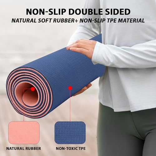 HACER Yoga Mat 6mm Thickness Unisex Dual Sided Non-Slip Anti-Tear TPE Exercise Mats for Pilates Stretching Floor & Fitness Workouts- Blue/Peach - Image 4