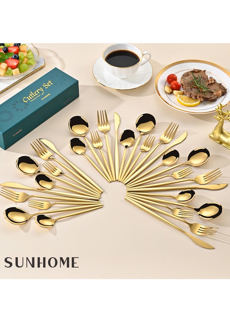 Sunhome طقم أدوات تناول الطعام 30 قطعة من الفولاذ المقاوم للصدأ بلون الذهب من سانهوم - Image 5