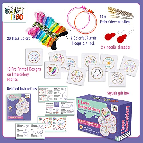 CRAFTILOO 10 Pre-Stamped Embroidery Patterns for Beginners Embroidery Kit for Kids Girls Needlepoint Kits for Beginners Cross Stitch Craft Sewing Perfect for Ages 7-13 - Image 3